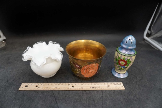 White Ruffle Vase, Copper Pot & Shaker