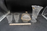 Glasses, Glass Candy Dish & Block Crystal Vase