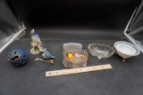 Footed Bowls, Blue Jay Figurines (One Is Ucagco), Ball, Glass Dish