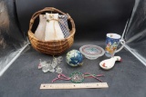Basket W/ Cats, Dream Catcher, Glass Figurines, Glass Bowl, Orb, Spoon Rest & Mug