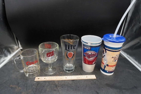 Beer Glasses (Schlitz, Miller Lite, Coors), Baseball Cups