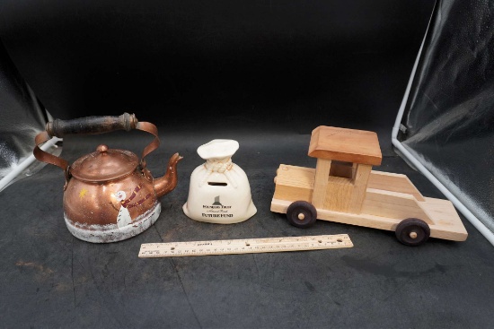 Wooden Pickup, Pioneers Trust Bank & Copper Snowman Kettle