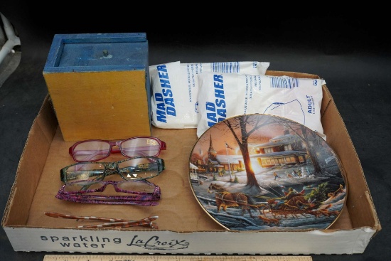 Reading Glasses, Wooden Box, Mad Dasher Panchos & Terry Redlin Plate