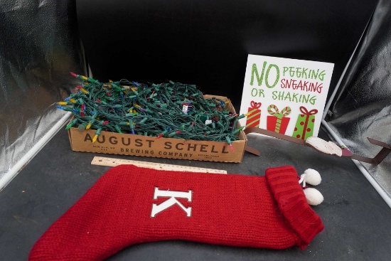 Christmas Lights, "K" Monogram Stocking, Wreath Hanger & No Peeking Sign