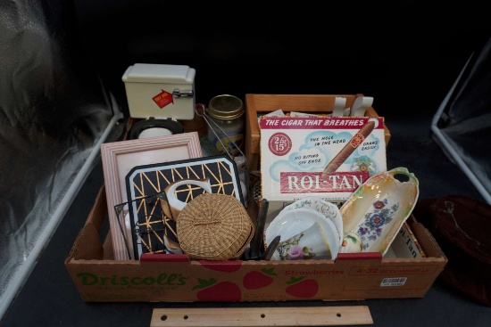 Roi-Tan Cigar Box, Dishes, Small Toilet, Jar, Basket, Wooden Basket W/ Small Pieces