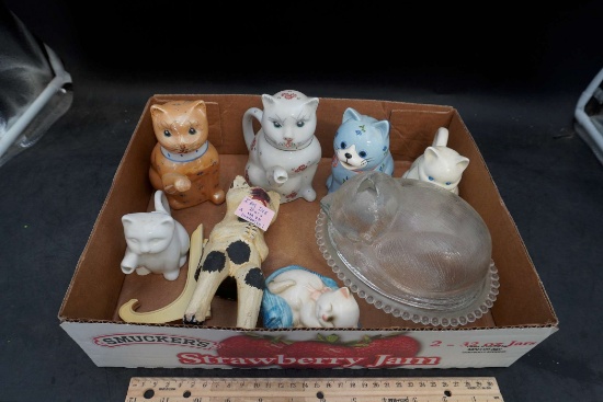 Glass Cat Dish, Cat Creamers & Cat Figurines
