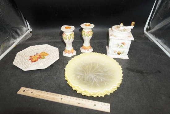 Bella Casa Leaf Candlesticks, Plates & Coffee Grinder, Tree Plates