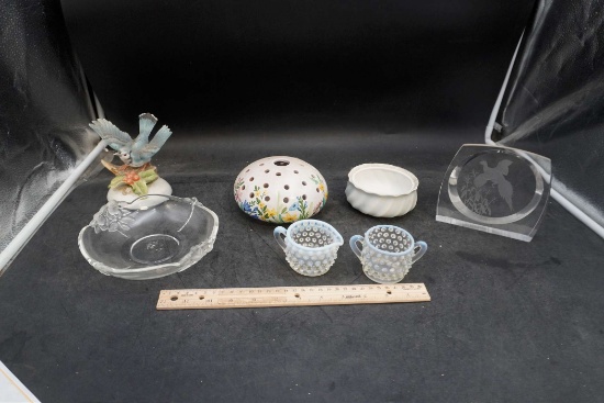 Glass Bowl, Hobnail Cream & Sugar, Blue Jay Figurine/Bowl, Glass Pheasant, Bowl