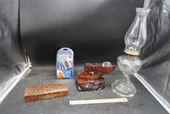 Oil Lamp, Hohner Case, Listen Up Sound Amplifier & Wooden Battery Operated Clock