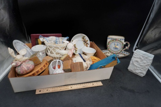 Baskets, Wooden Blocks, Pictures, Clock, Figurine, Plates & Cup
