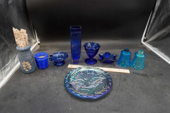 Blue Glass Bowl, Dishes, Candle Holder, Vase, Carnival Glass Plate