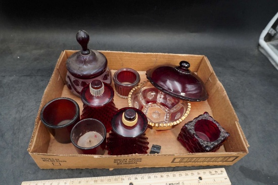 Ruby Red Glass Decanters, Candle Holders, Candy Dishes