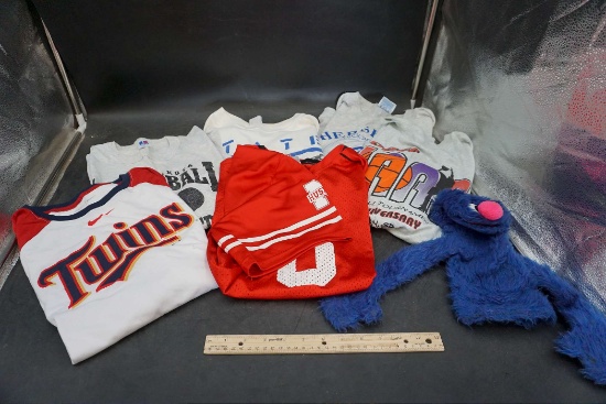 T-Shirts (Roger Hass, Hersheys, Football & Twins), Huskers Jersey (Kid Size 14-16) & Grover Hand Pup