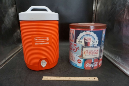 Rubbermaid Beverage Cooler Dispenser & Coca-Cola Tin