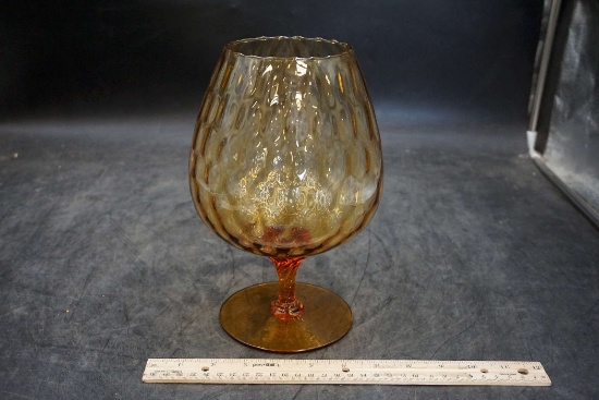 Vintage Diamond Optic Amber Empoli Glass Brandy Snifter W/ Swirl Stem