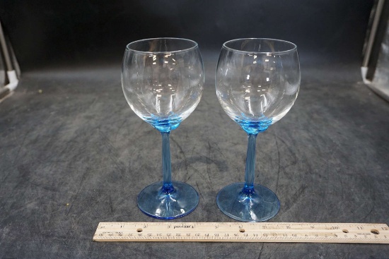 2 Bormioli Rocco Blue Stemmed Wine Glasses