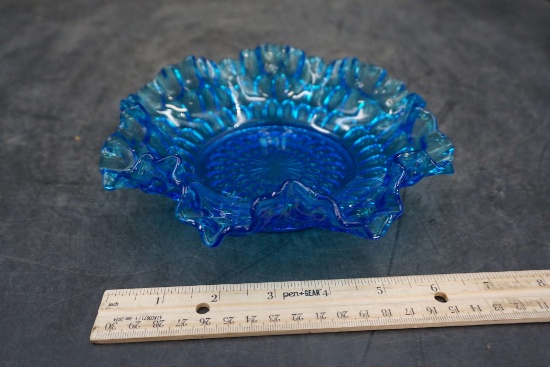 Fenton Ruffle Blue Glass Thumbprint Bowl