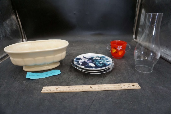 Haeger Pottery Pedestal Planter, Plates, Bartlett Collins Sugar Bowl & Glass Shade