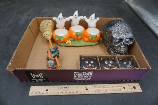 Skull Candle, Halloween Candle Holder, Cat On Broom Figurine & Cat Candles