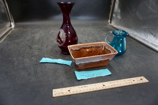 1888 Ruby Red Bird Vase, Vintage Drip Glaze Brown Rectangular Planter & Blue Glass Creamer