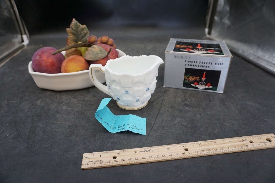 Bowl W/ Fruit, Westmoreland Milk Glass Forget Me Not Large Creamer & Silver Plated Candle Holder