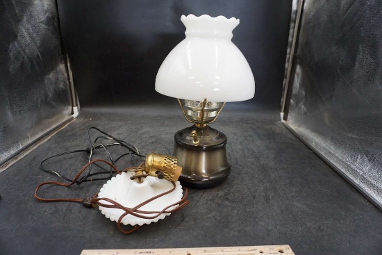 Lamp W/ Glass Shade (Chipped) & Other Lamp Part