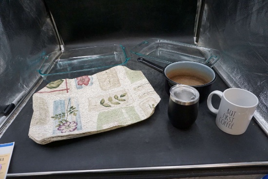 Pyrex Glass Casseroles, Placemats, Enamel Pot, Mug & Wine Glass