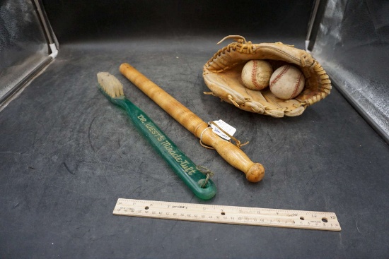Baseball Glove W/ 2 Balls, Dr. West'S Miracle-Tuft & Old Billy Club