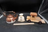 Wooden Pickup, Pioneers Trust Bank & Copper Snowman Kettle