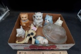 Glass Cat Dish, Cat Creamers & Cat Figurines
