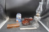 Oil Lamp, Hohner Case, Listen Up Sound Amplifier & Wooden Battery Operated Clock