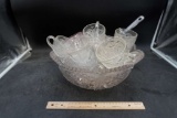 Glass Punch Bowl, Ladle & Cups