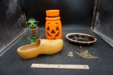 Halloween Decorations, Pfaltzgraff Pottery Bowl, Metal Pieces & 1 Wooden Clog