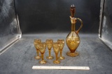 Amber Colored Decanter & 5 Stemmed Glasses