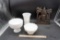 Milk Glass Bowls & Vase, Metal Wall Decoration