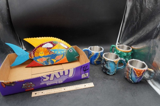 Decorative Colorful Fish & 4 Mugs