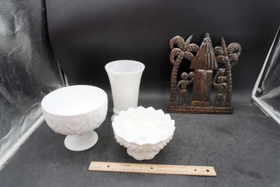 Milk Glass Bowls & Vase, Metal Wall Decoration