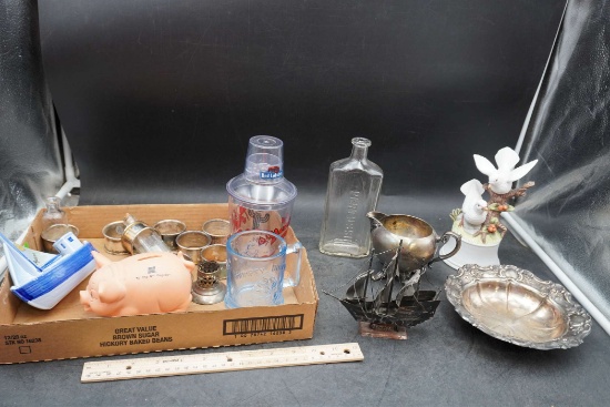 Piggy Bank, Glass Bottles, Creamer, Bowl, Figurines, Napkin Rings