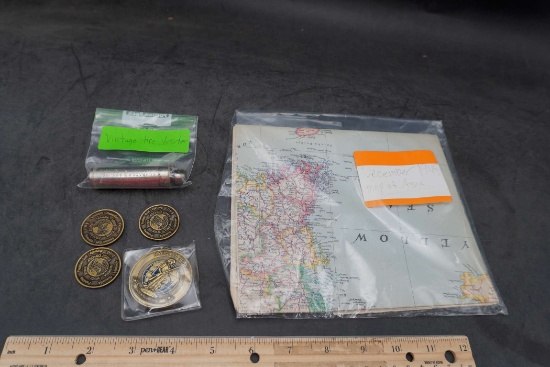 Dec. 1945 Map Of Asia, Vintage Tire Tester, Tokens