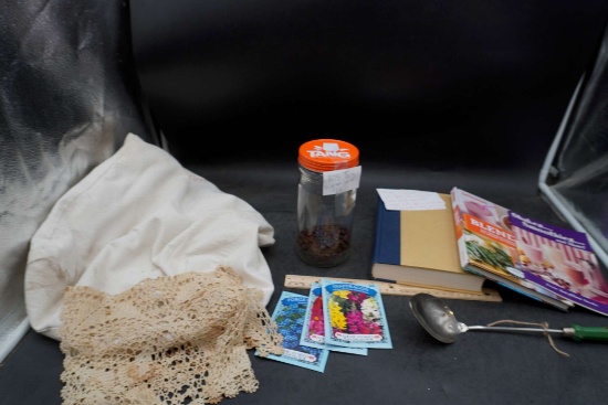 Flower Seeds, Doilies, Cookbooks (One From 1984), '75 Tang Jar And Lid