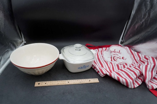 Apron, Corning Ware Dish W/ Lid & Bake Oven Bowl