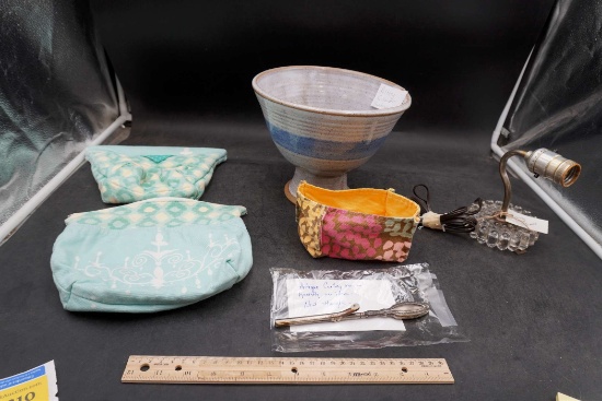 Working Light Sconce, Pottery Colander, Antique Curling Iron, Bags