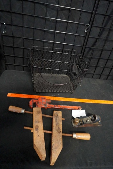 Metal Basket, Pipe Wrench, Plane & Clamp