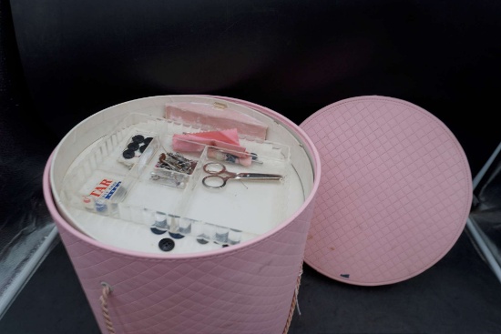 Pink Storage Bin W/ String & Sewing Supplies