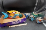 Decorative Colorful Fish & 4 Mugs