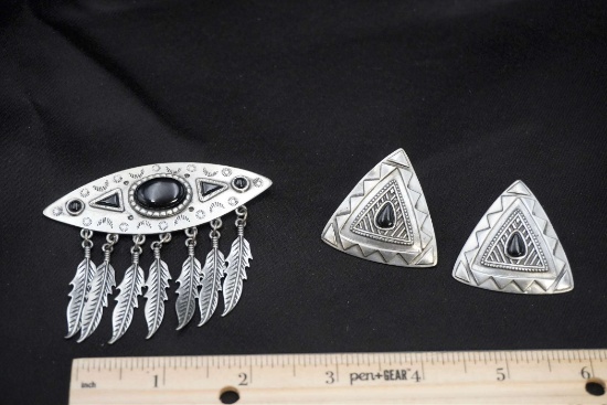 J.J. 1988 Feather Brooch & Clip Earrings