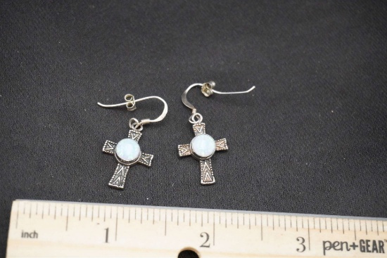 Sterling Silver Opal Cross Earrings