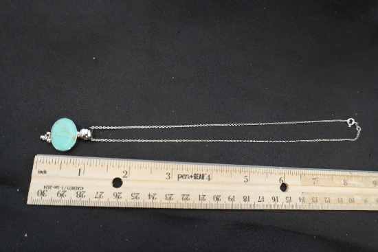 Sterling Silver Necklace W/ Blue Stone Pendant