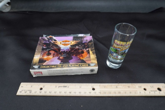Harley-Davidson Collectible Tin And Playing Cards, Shot Glass