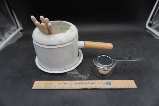 Mid-Century Modern Metal & Wood Fondue Set (Missing Lid)